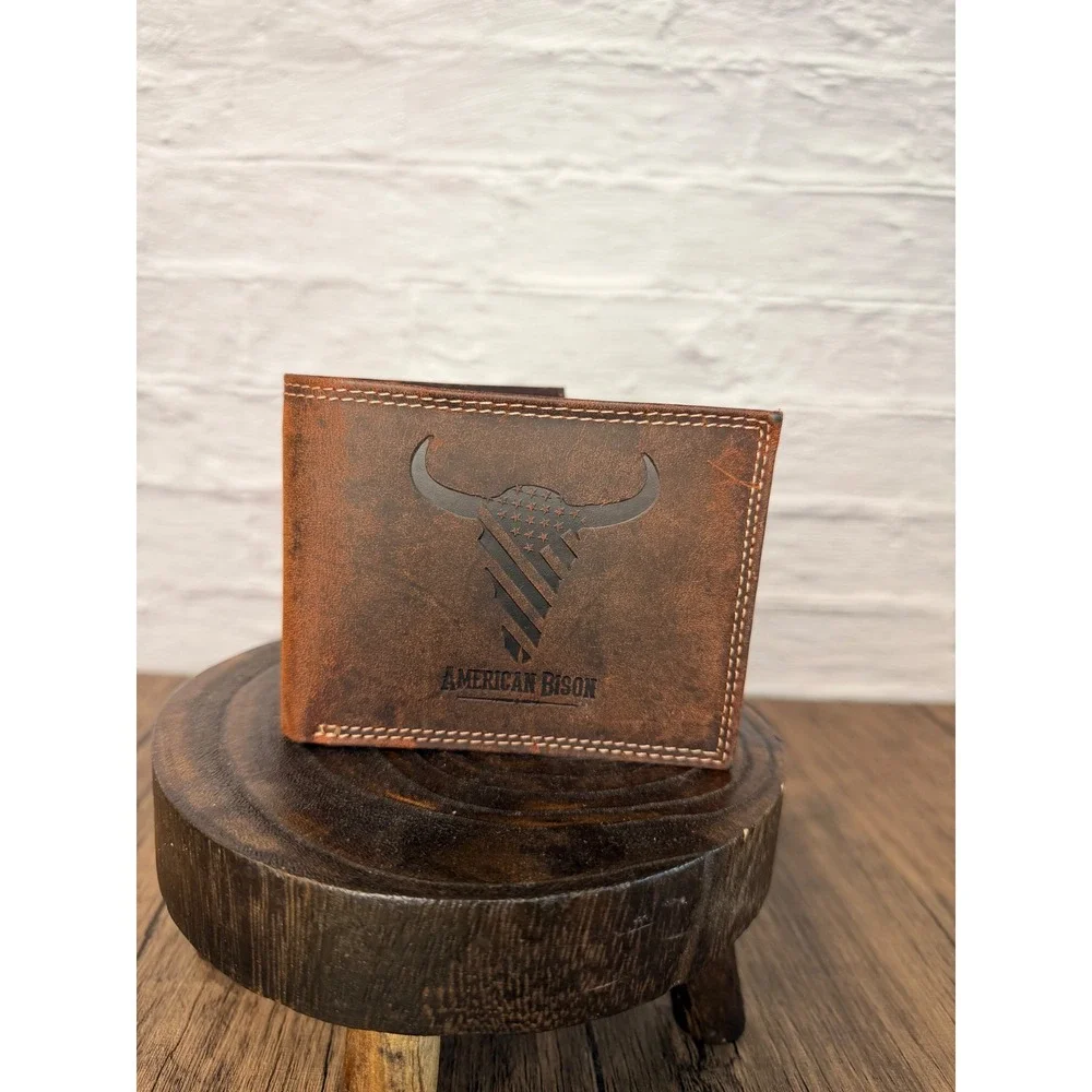 American Bison Mens Leather Bifold Wallet Longhorn Flag Skull Brown Western New